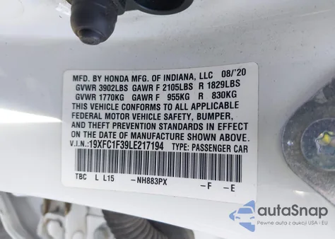 2020 Honda Civic Ex from USA, damaged, VIN 19XFC1F39LE217194